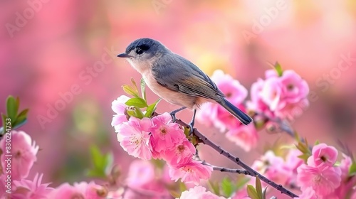  A small bird perches on a branch, surrounded by pink flowers in the foreground The background softens with a blur of more pink flowers
