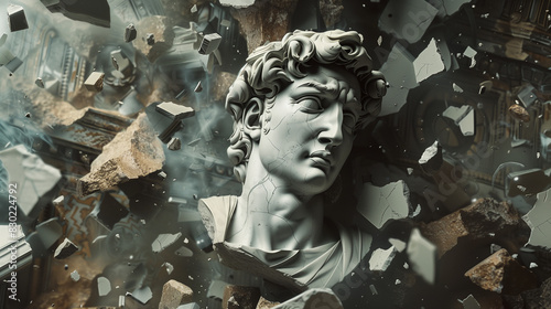 A visual representation of a broken sculpture in a classical style, where individual pieces of marble float in the air, creating a surreal aura.