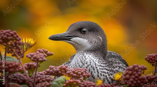  A birds-eye view of a bird perched in a flowery meadow, surrounded by a softly blurred foreground of leaves and flowers Behind, a sunlit yellow sky unf photo