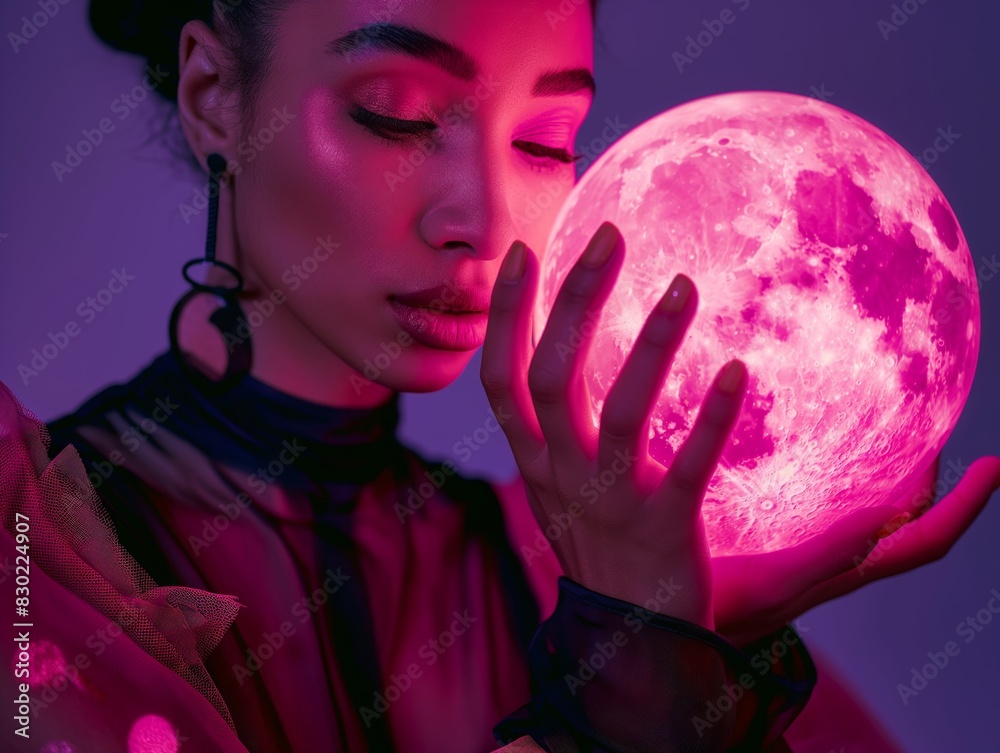 Naklejka premium A woman in avant-garde clothing holds up a pink shiny moon with both hands