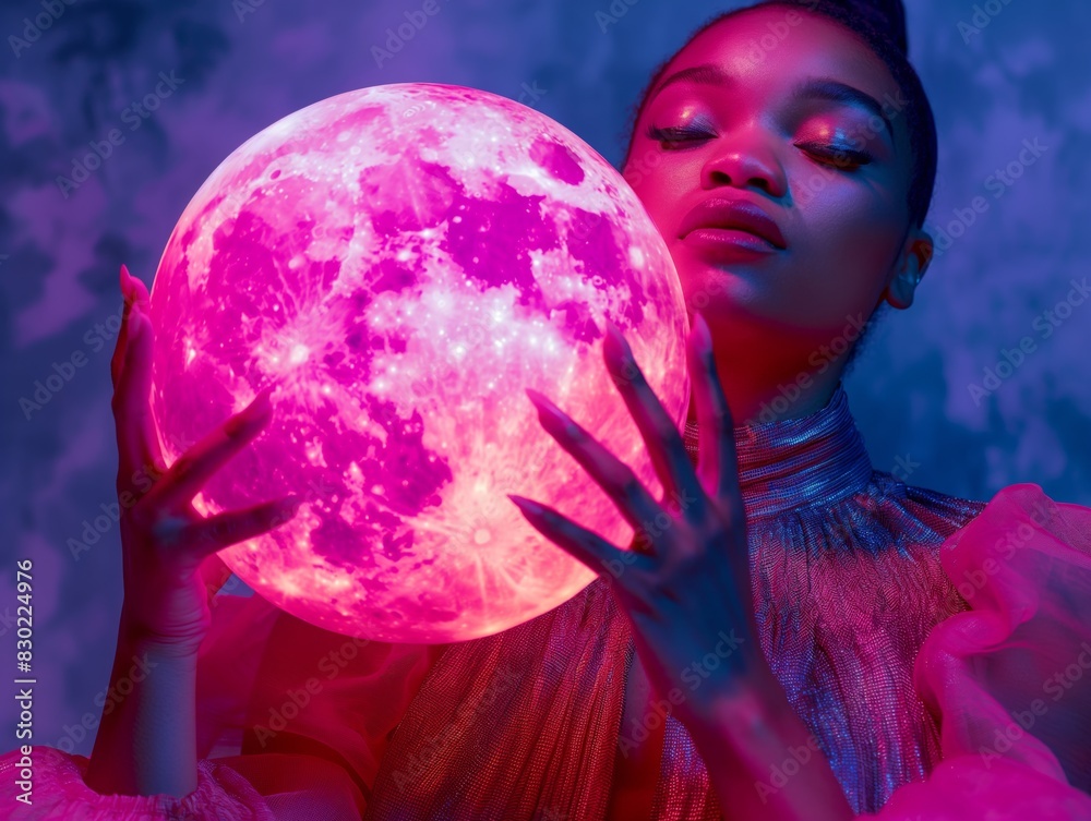 Naklejka premium A woman in avant-garde clothing holds up a pink shiny moon with both hands