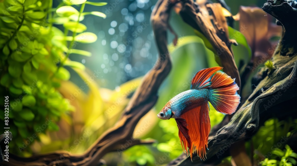 Fototapeta premium A vibrant betta fish swimming among aquatic plants and driftwood in a beautifully aquascaped aquarium, creating a serene underwater landscape.
