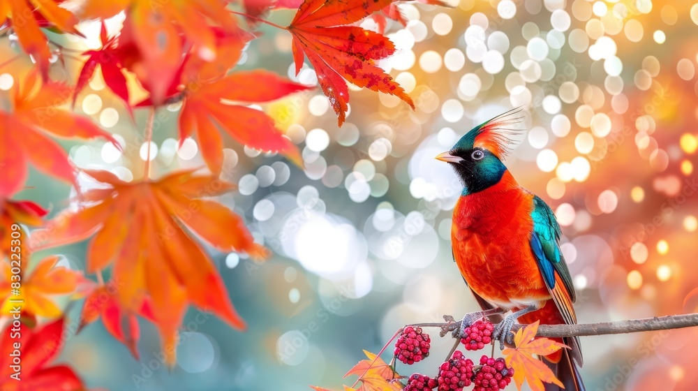 A colorful bird perches on a branch amidst an autumnal tree, its background subtly blurred with autumn leaves, not overly so, and featuring soft bokeh lights A colorful bird perches on a branch amidst an autumnal tree, its background subtly blurred with autumn leaves, not overly so, and featuring soft bokeh lights