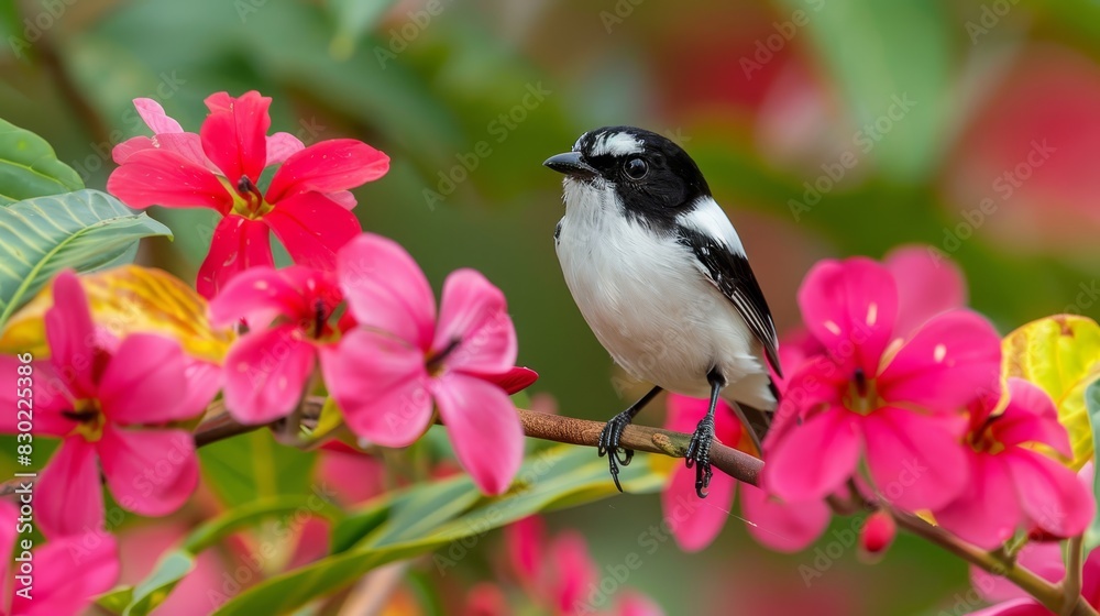 A small black-and-white bird perches on a branch, surrounded by pink flowers in the foreground, and green leaves beyond A small black-and-white bird perches on a branch, surrounded by pink flowers in the foreground, and green leaves beyond