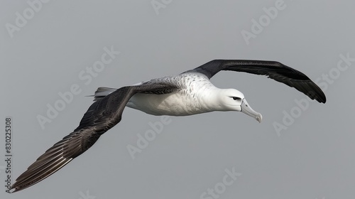  A black-and-white seagull flies in the sky, its wings spread wide, head raised above its body