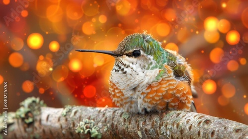  A hummingbird perches on a tree branch, its vibrant colors contrasting with the blurred backdrop of orange and yellow leaves  Another tree branch, bearing a © Jevjenijs