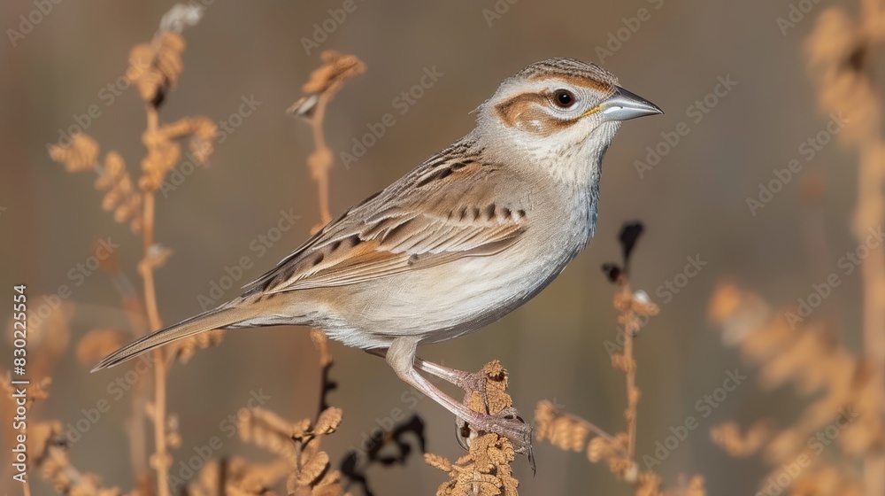 A tight shot of a bird perched on a branch against a backdrop of dry grass The foreground is adorned with brown and yellow wildflowers, while the background softly bl A tight shot of a bird perched on a branch against a backdrop of dry grass The foreground is adorned with brown and yellow wildflowers, while the background softly bl