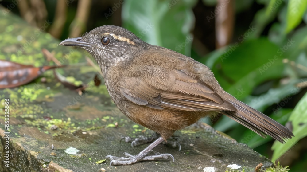 A small, brown bird perches atop a moss-covered rock Nearby, a leafy green bush houses a bird with brown and white feathers, distinctively marked with yellow A small, brown bird perches atop a moss-covered rock Nearby, a leafy green bush houses a bird with brown and white feathers, distinctively marked with yellow
