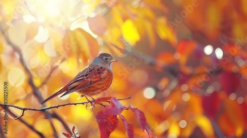  A bird perches on a tree branch, surrounded by a vibrant canopy of red and yellow leaves Sunlight filters through the foliage, illuminating the branches and casting warm