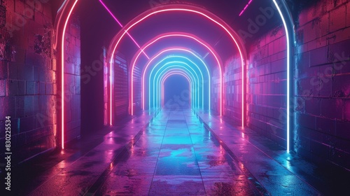 The image is a dark tunnel with bright neon lights on the walls. The lights are pink and blue  and they create a sense of speed and excitement.