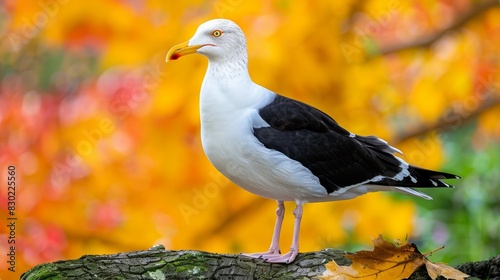  A black-and-white bird perches on a tree branch against a backdrop of a yellow and red tree A yellow and red flowered tree dominates the background photo