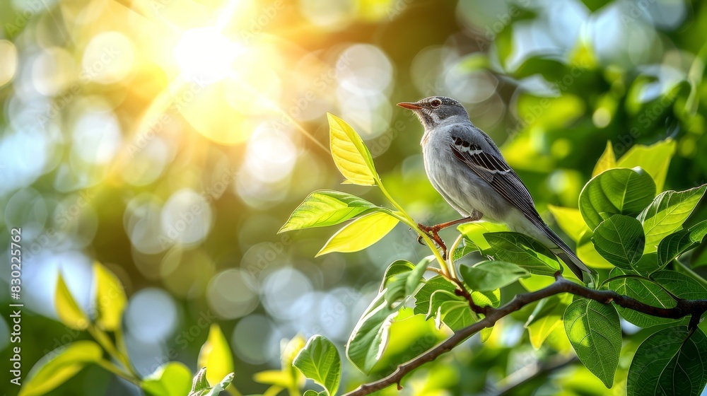 A bird perched on a tree branch, sun illuminating leaves, sunbeams gracing branches A bird perched on a tree branch, sun illuminating leaves, sunbeams gracing branches
