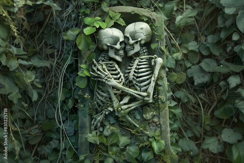 Ancient skeleton couple entwined in a romantic embrace, overgrown with ivy and foliage. Archaeological discovery symbolizing eternal love photo