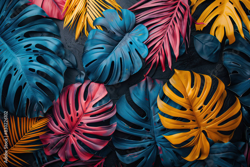 multi-colored monstera leaves on a black background. Beautiful bright template  background  texture for decoration