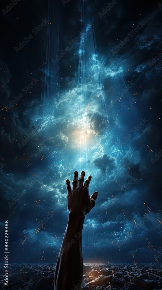 someones hand in the sky, hand shake of the god, blue colours, sky with the stars someones hand in the sky, hand shake of the god, blue colours, sky with the stars