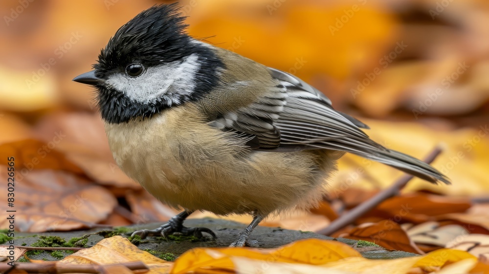 A small bird with a black-and-white plumage stands on a ground blanketed by yellow and brown leaves The bird sports a distinctive black-and-white stripe atop A small bird with a black-and-white plumage stands on a ground blanketed by yellow and brown leaves The bird sports a distinctive black-and-white stripe atop