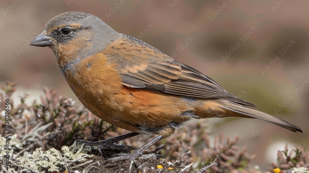 A tight shot of a bird perched on a branch, surrounded by foreground flowers Background softly blurred A tight shot of a bird perched on a branch, surrounded by foreground flowers Background softly blurred