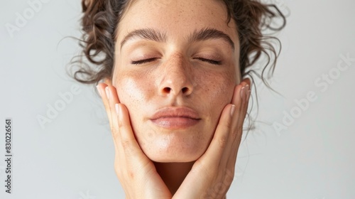 A woman performing facial yoga exercises to tone and tighten facial muscles, promoting a more youthful appearance and improved skin elasticity. photo