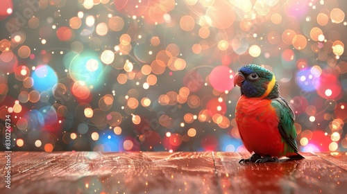  A vibrant bird perches atop a wooden table Nearby  a kaleidoscopic book of lights rests in a room bathed in red  white  blue  green