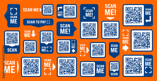 Scan me QR code sticker with text. Online payment. Special offer sale stickers, shopping discount label, promotional badge. Product serial number. Supermarket retail price tag. Vector illustration