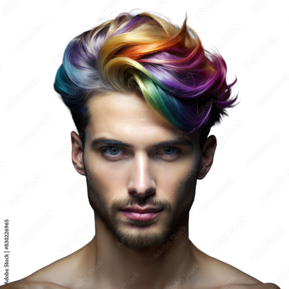 Naklejka premium Young Man With Vibrant Rainbow Hair Against Transparent Background