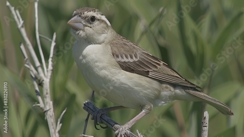  A bird perches on a tree branch overlooking a field of tall grass Its plumage is predominantly black and white, while its beak is brown The bird's head