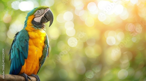  A vibrant parrot sits atop a tree branch against a backdrop of blurred trees and foliage in the foreground - an instance of shallow depth-of-field photography