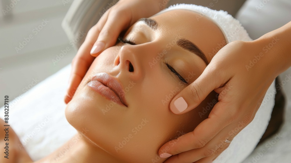 A woman receiving a professional facial massage with gentle, upward strokes, promoting relaxation and skin rejuvenation.