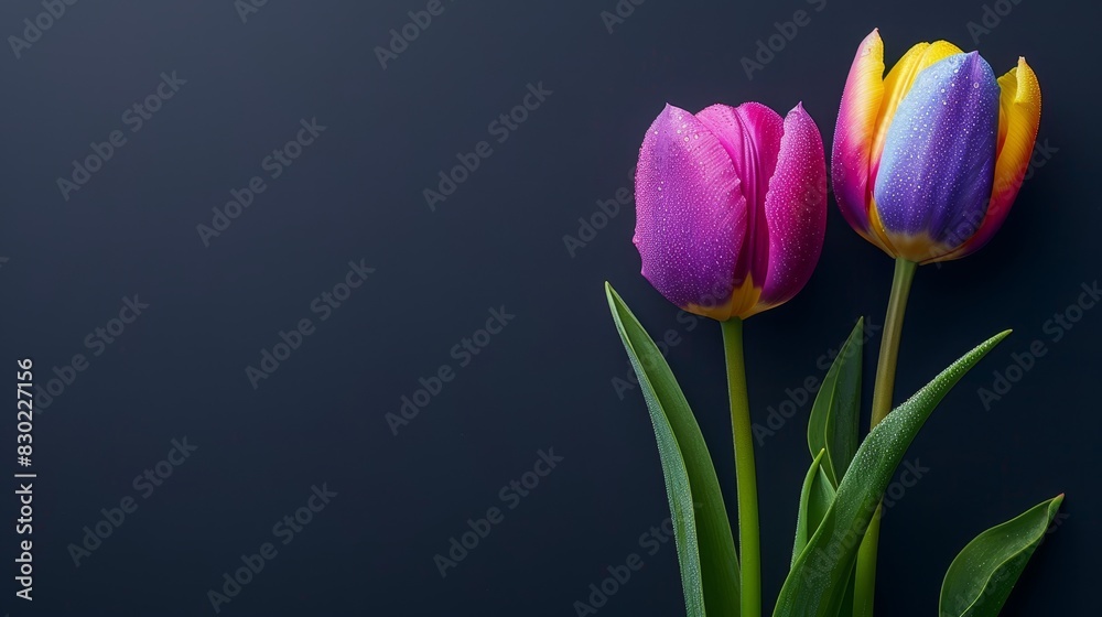 Two tulips, vividly colored, in a dark-hued vase Droplets of water gracefully adorn tops Green stem leaves beneath Two tulips, vividly colored, in a dark-hued vase Droplets of water gracefully adorn tops Green stem leaves beneath