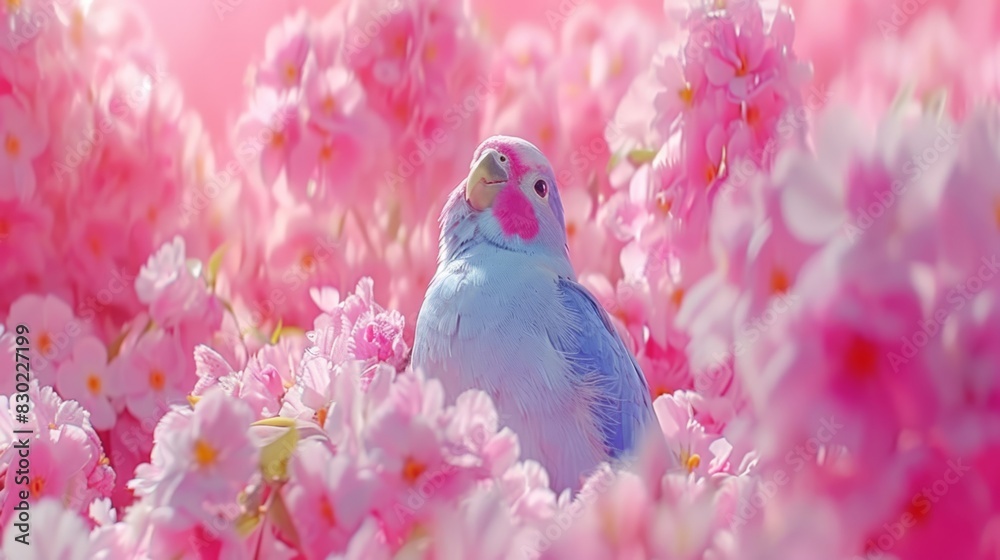  A blue-pink bird sits amidst a field of pink-white flowers Foreground holds pink-white blooms; background, a pink sky
