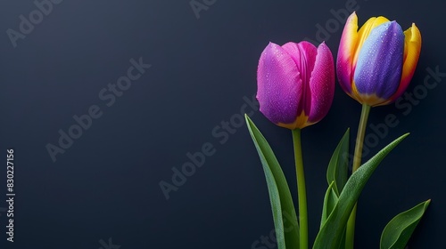  Two tulips  vividly colored  in a dark-hued vase Droplets of water gracefully adorn tops Green stem leaves beneath