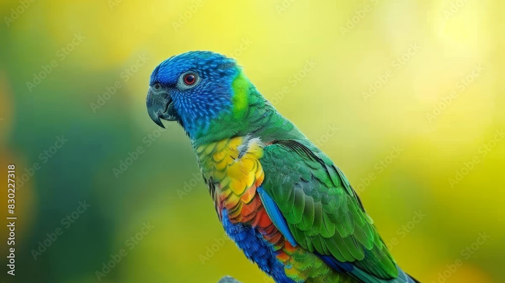 A vibrant bird perched on a tree branch against a backdrop of green and yellow Foreground features a softly blurred swath of leaves A vibrant bird perched on a tree branch against a backdrop of green and yellow Foreground features a softly blurred swath of leaves