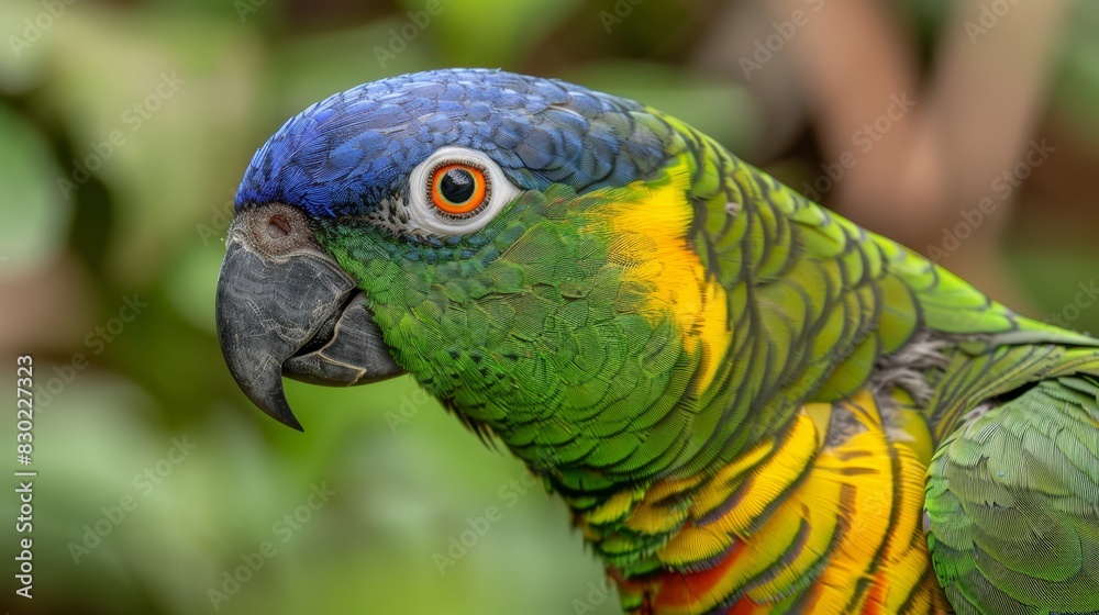 one bird with green and yellow feathers perched on its back, another blue and yellow bird atop its head Backdrop of lush green fol one bird with green and yellow feathers perched on its back, another blue and yellow bird atop its head Backdrop of lush green fol