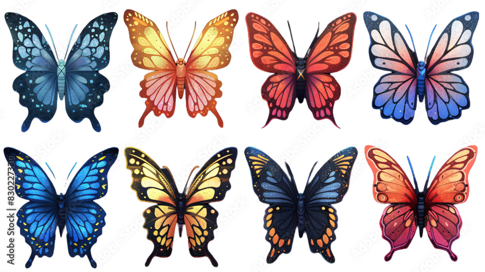 A set of colorful butterfly wings with intricate patterns, cut out and displayed on an isolated background A set of colorful butterfly wings with intricate patterns, cut out and displayed on an isolated background