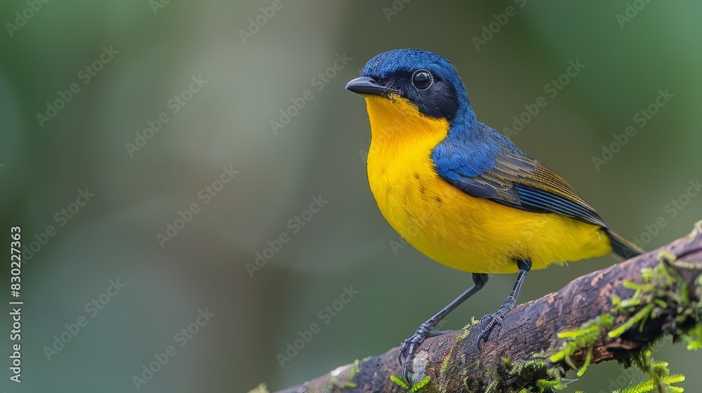  A small bird, blue and yellow in hue, perches on a tree branch Green leaves surround its side The other side of the branch features a blurred backdrop of leaves