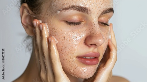 A young woman gently exfoliating her face with a facial scrub, promoting smooth and glowing skin through proper exfoliation photo