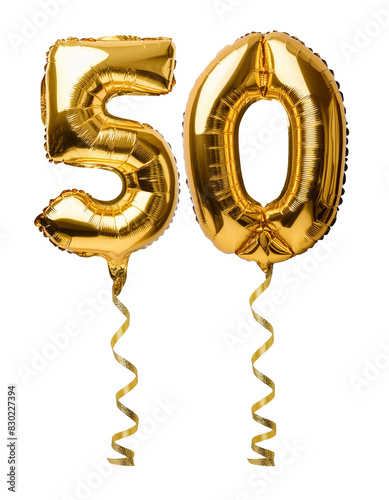 50 number fifty font golden balloon isolated on white background, Party decoration, anniversary sign.