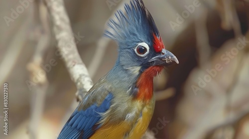  A vibrant bird perches on a tree branch amidst a forest of lush green and red leaves Adjacent, a blue and yellow avian features a red beak