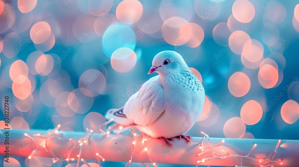 A white bird atop a wooden rail against a backdrop of blue and pink blooms from boom lights, set against a blue and pink background