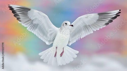  A white bird flies against a sky backdrop adorned with one rainbow arching below and another radiating above