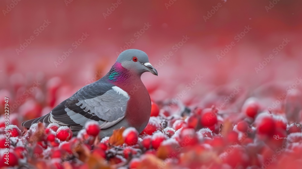 A pigeon sits in a cranberry field, surrounded by red berries in the foreground, against a backdrop of a pink sky A pigeon sits in a cranberry field, surrounded by red berries in the foreground, against a backdrop of a pink sky