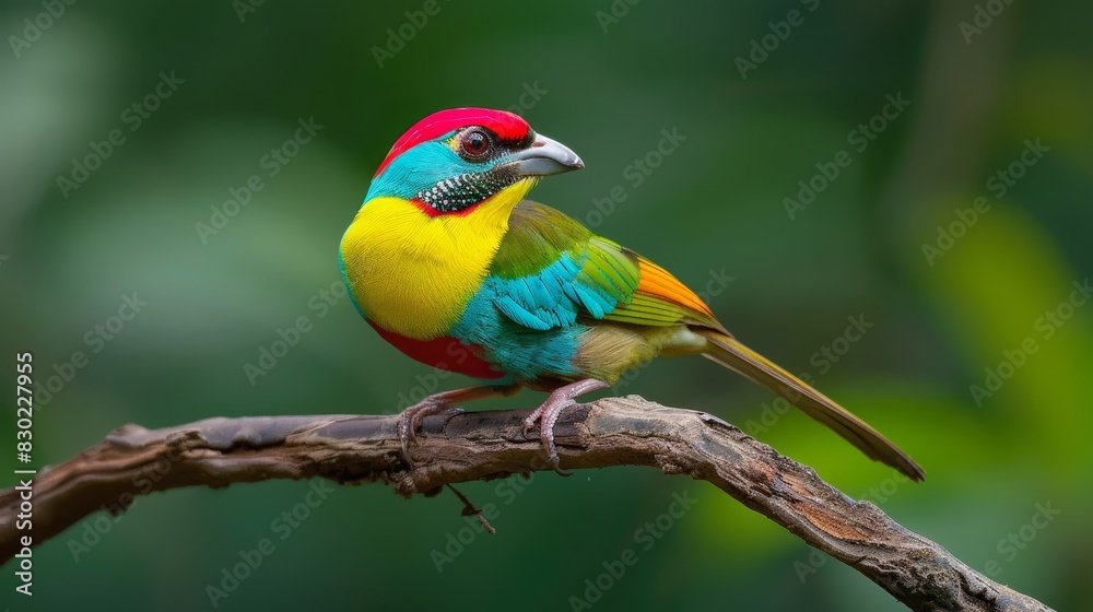  A vibrant bird perches on a tree branch against a lush, green forest backdrop The scene is set against a softly blurred green leafy background
