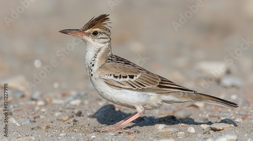  A brown-and-white bird perches atop a ground dotted with gravel and grass, adjacent to a rock pile teeming with small white, brown, and gray rocks