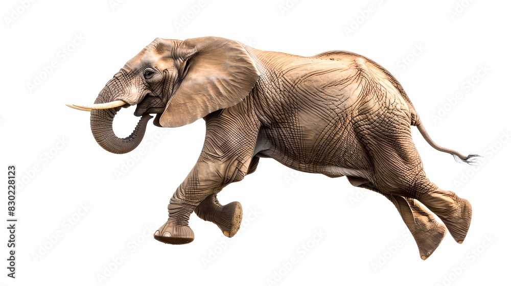Fototapeta premium Jumping elephant. Surreal AI-created image showcasing a majestic elephant in mid-leap. Artistic and imaginative illustration. Perfect for creative projects and nature themes. AI