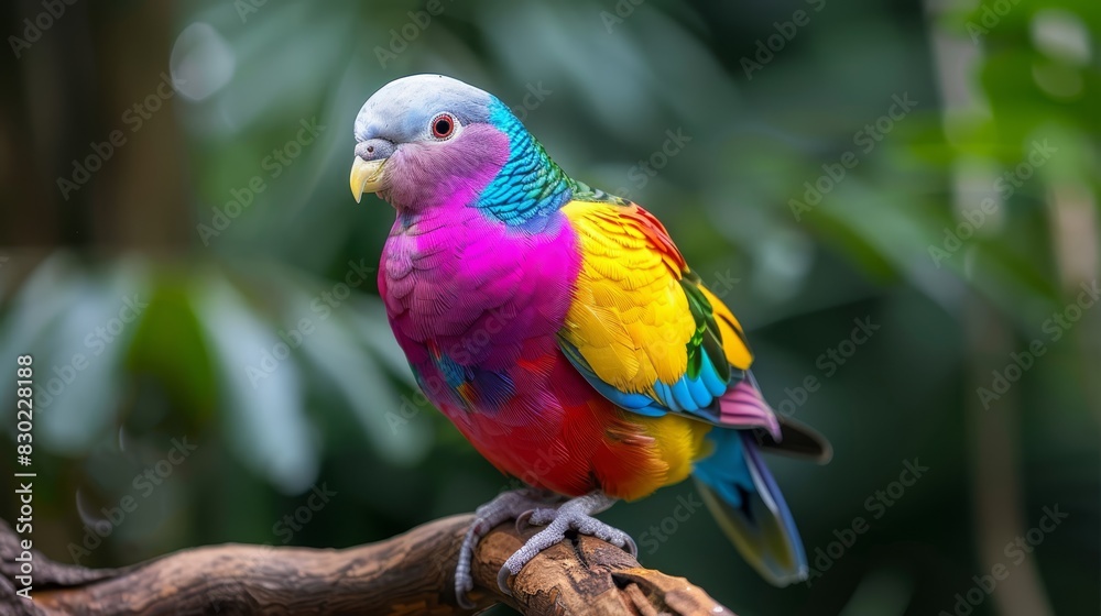A vibrant bird perches on a tree branch against a backdrop of lush, forested landscape teeming with countless green leaves and trees A vibrant bird perches on a tree branch against a backdrop of lush, forested landscape teeming with countless green leaves and trees