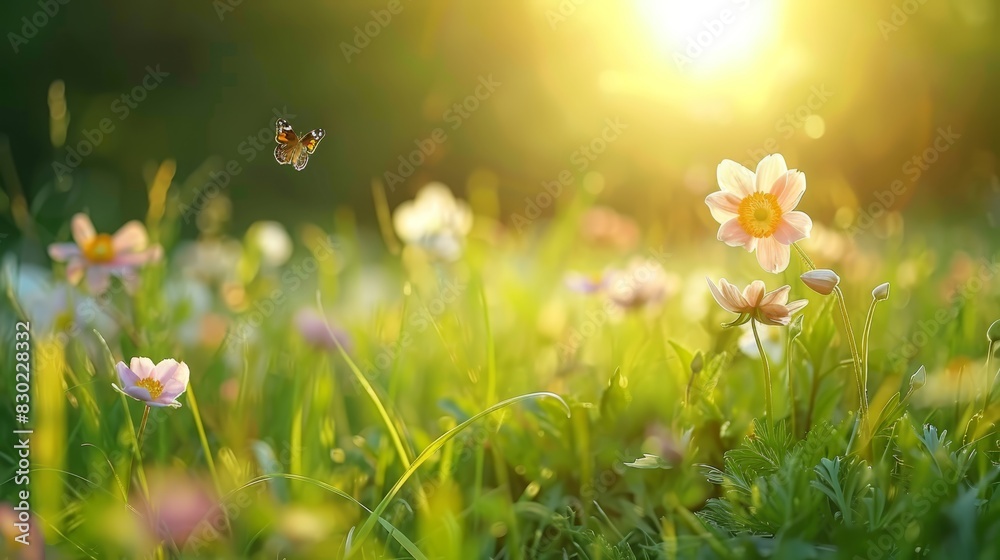  A field of grass dotted with flowers; a butterfly flies above, sun illuminating grass and blooms behind