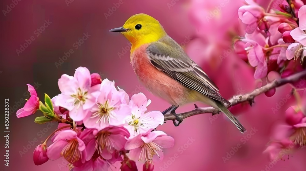 A bird perches on a tree branch, surrounded by pink flowers in the foreground The background faintly displays a blend of pink and yellow blooms A bird perches on a tree branch, surrounded by pink flowers in the foreground The background faintly displays a blend of pink and yellow blooms