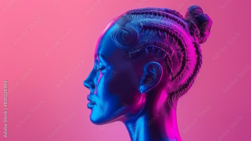 Woman's head in a bun, neon lights on sides, pink background Woman's head in a bun, neon lights on sides, pink background