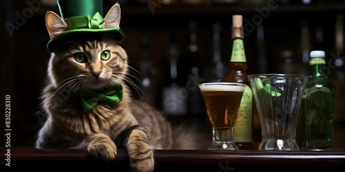 Tabby cat bartending in a green hat on St Patrick's Day. Concept St, Patrick's Day, Tabby Cat, Bartending, Green Hat