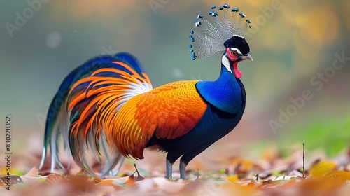  A vibrant bird adorned with a crown perches in a lush, leafy scene Leaves cover the forest floor beneath, while the backdrop showcases a softly blurred